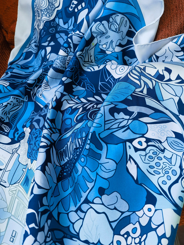 Customized Silk Scarf for Summer 90cm Handmade Silk Shawl Top Ideal for Beach Holiday Gift for Her Blue Artisan Beachwear