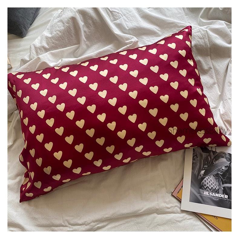 Mulberry Silk Pillowcase: Red Heart Print, Vintage Parisian Bedding