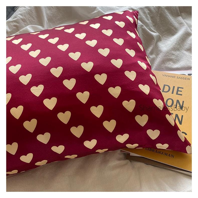 Mulberry Silk Pillowcase: Red Heart Print, Vintage Parisian Bedding