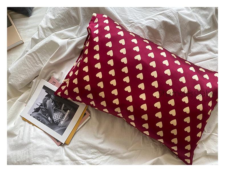Mulberry Silk Pillowcase: Red Heart Print, Vintage Parisian Bedding
