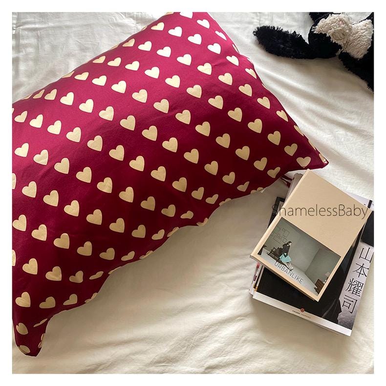 Mulberry Silk Pillowcase: Red Heart Print, Vintage Parisian Bedding