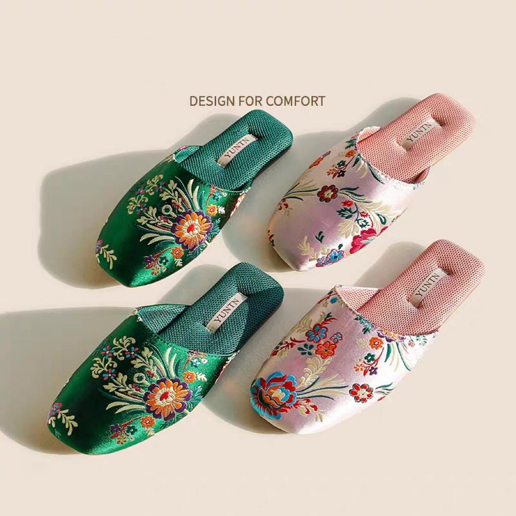Women’s Embroidered Floral Slippers - Cozy Indoor House Shoes with Traditional Chinese Floral Patterns - Authentic Handcrafted Heritage Gift