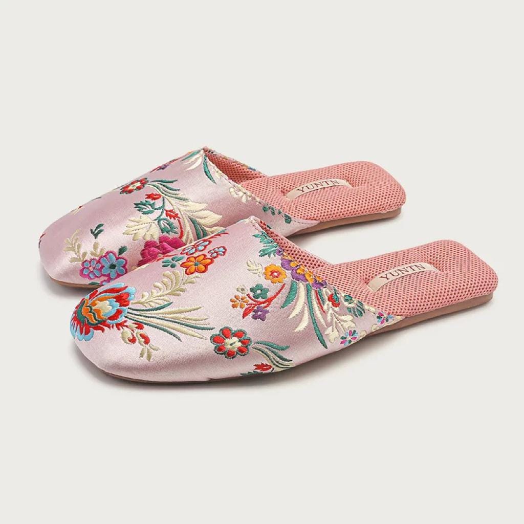 Women’s Embroidered Floral Slippers - Cozy Indoor House Shoes with Traditional Chinese Floral Patterns - Authentic Handcrafted Heritage Gift