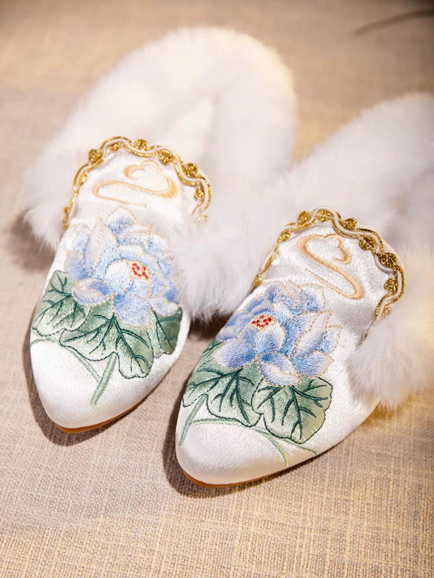 Embroidered Lotus Slippers: Silk Blend Faux Fur Mules - Oriental House Shoes