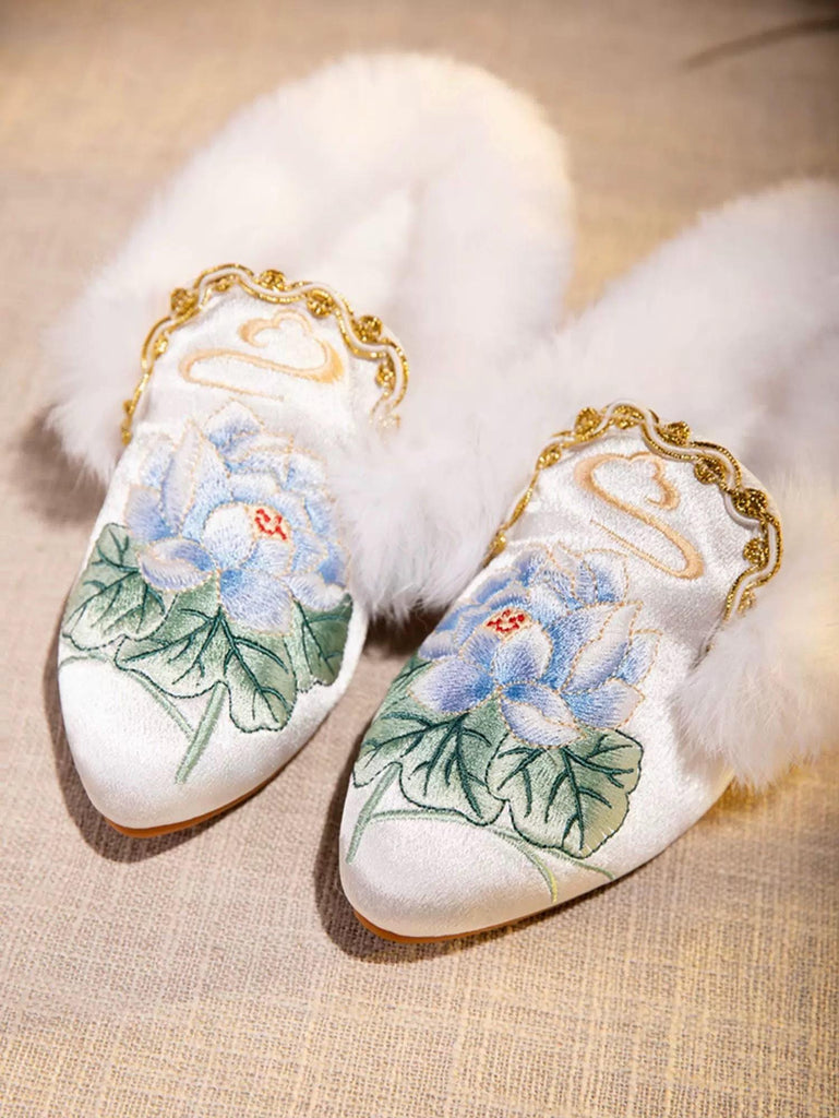 Embroidered Lotus Slippers: Silk Blend Faux Fur Mules - Oriental House Shoes