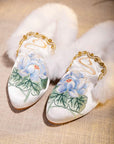 Embroidered Lotus Slippers: Silk Blend Faux Fur Mules - Oriental House Shoes