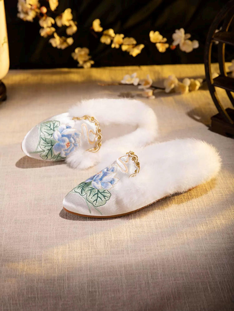 Embroidered Lotus Slippers: Silk Blend Faux Fur Mules - Oriental House Shoes