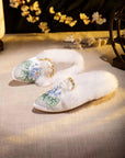 Embroidered Lotus Slippers: Silk Blend Faux Fur Mules - Oriental House Shoes