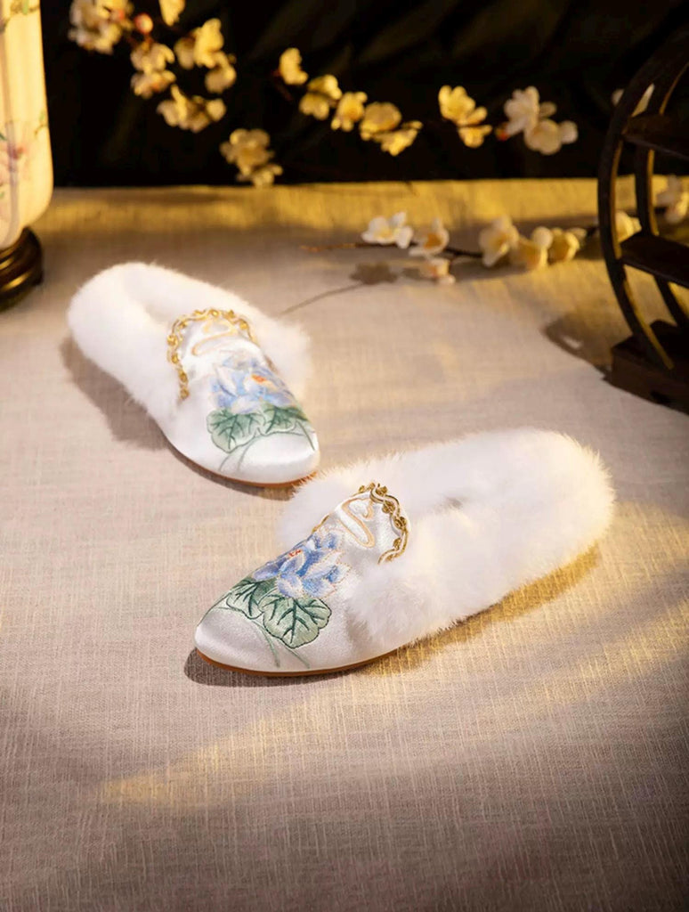 Embroidered Lotus Slippers: Silk Blend Faux Fur Mules - Oriental House Shoes