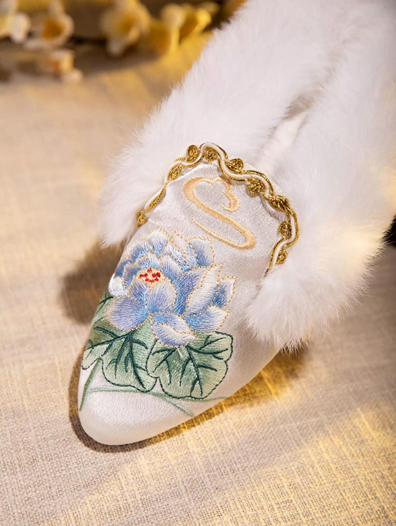 Embroidered Lotus Slippers: Silk Blend Faux Fur Mules - Oriental House Shoes