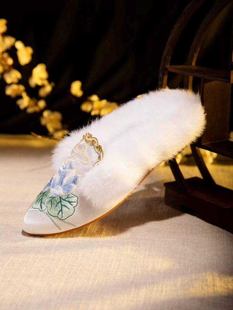 Embroidered Lotus Slippers: Silk Blend Faux Fur Mules - Oriental House Shoes
