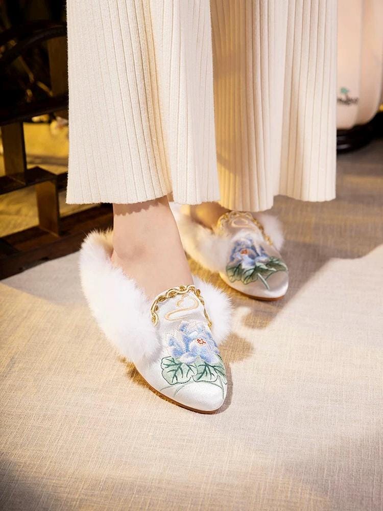 Embroidered Lotus Slippers: Silk Blend Faux Fur Mules - Oriental House Shoes