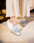 Embroidered Lotus Slippers: Silk Blend Faux Fur Mules - Oriental House Shoes