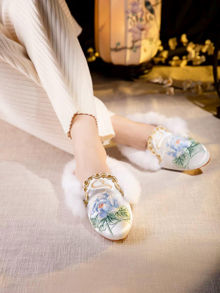 Embroidered Lotus Slippers: Silk Blend Faux Fur Mules - Oriental House Shoes
