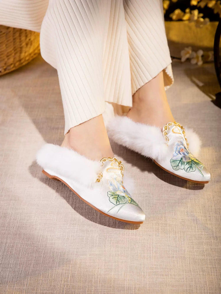 Embroidered Lotus Slippers: Silk Blend Faux Fur Mules - Oriental House Shoes