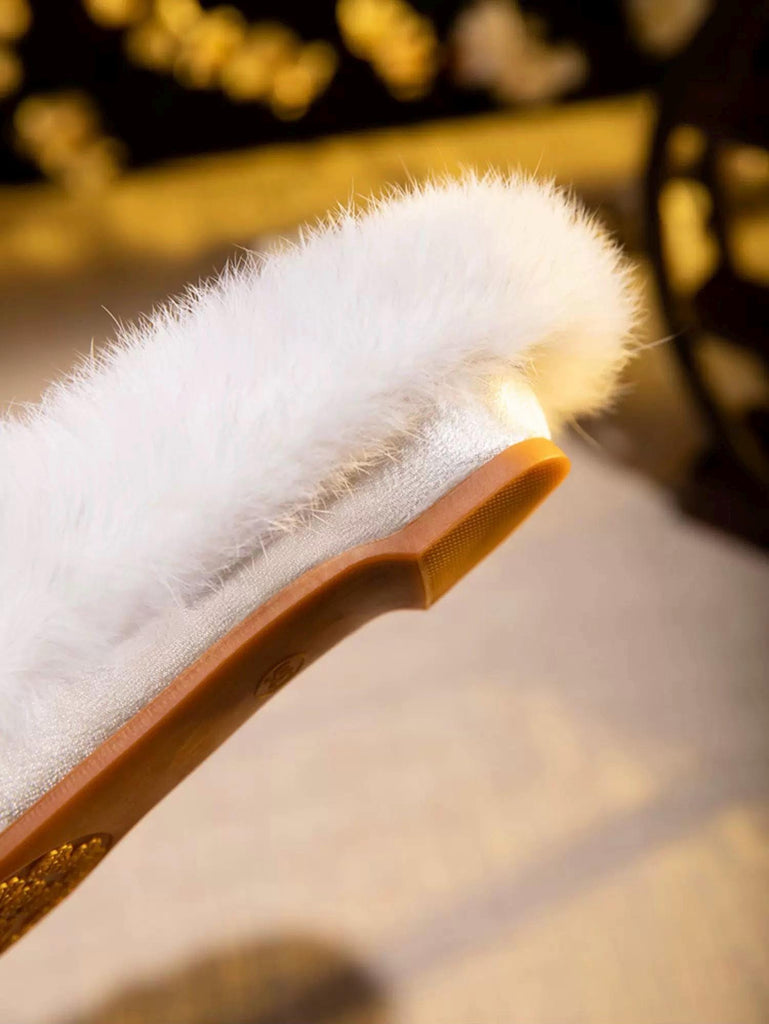 Embroidered Lotus Slippers: Silk Blend Faux Fur Mules - Oriental House Shoes
