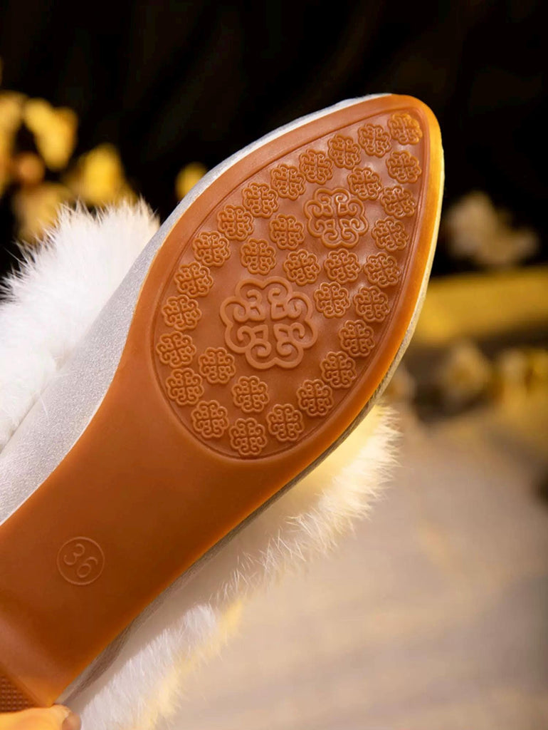 Embroidered Lotus Slippers: Silk Blend Faux Fur Mules - Oriental House Shoes