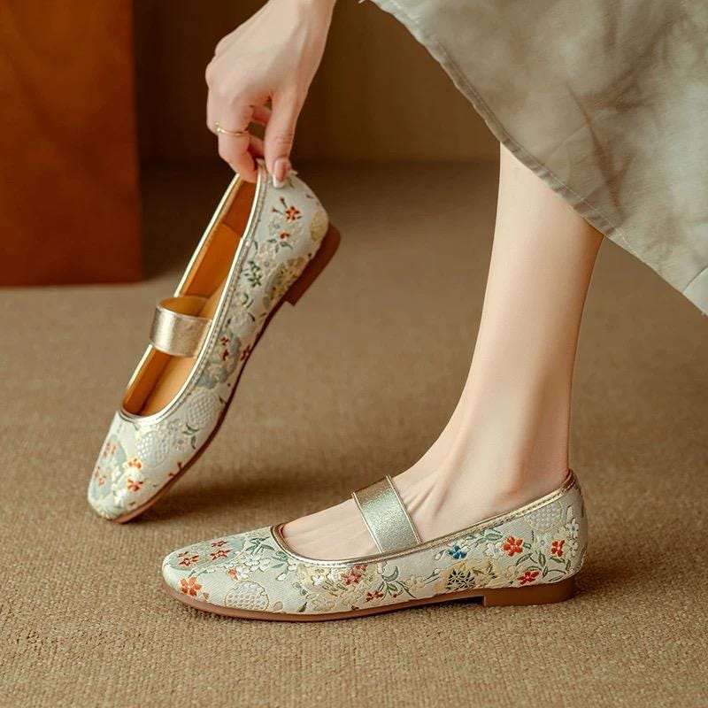 Oriental Embroidered Flats – Brocade Mary Jane Style Slippers, Mules for Women
