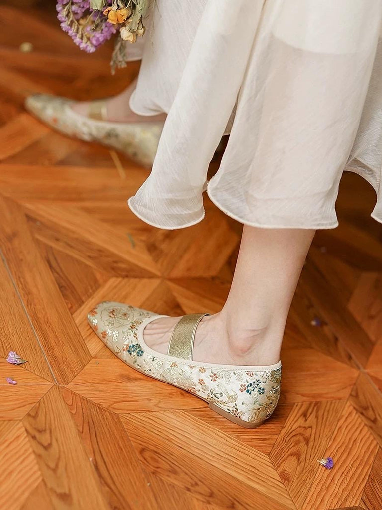 Oriental Embroidered Flats – Brocade Mary Jane Style Slippers, Mules for Women