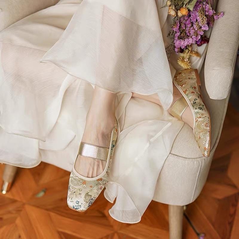 Oriental Embroidered Flats – Brocade Mary Jane Style Slippers, Mules for Women