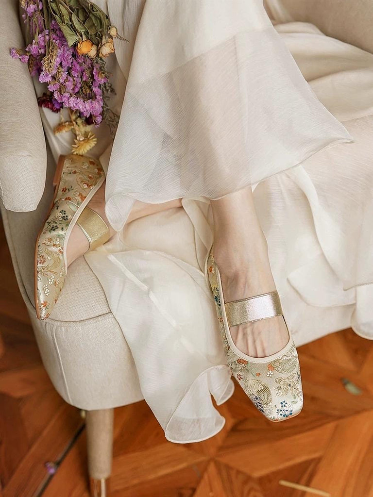 Oriental Embroidered Flats – Brocade Mary Jane Style Slippers, Mules for Women