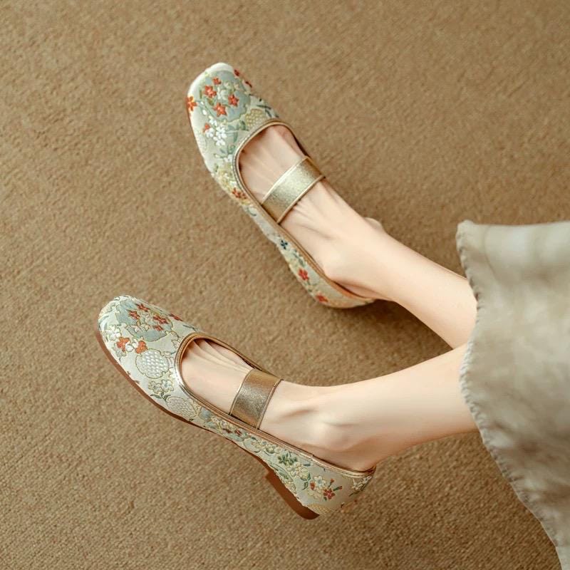Oriental Embroidered Flats – Brocade Mary Jane Style Slippers, Mules for Women