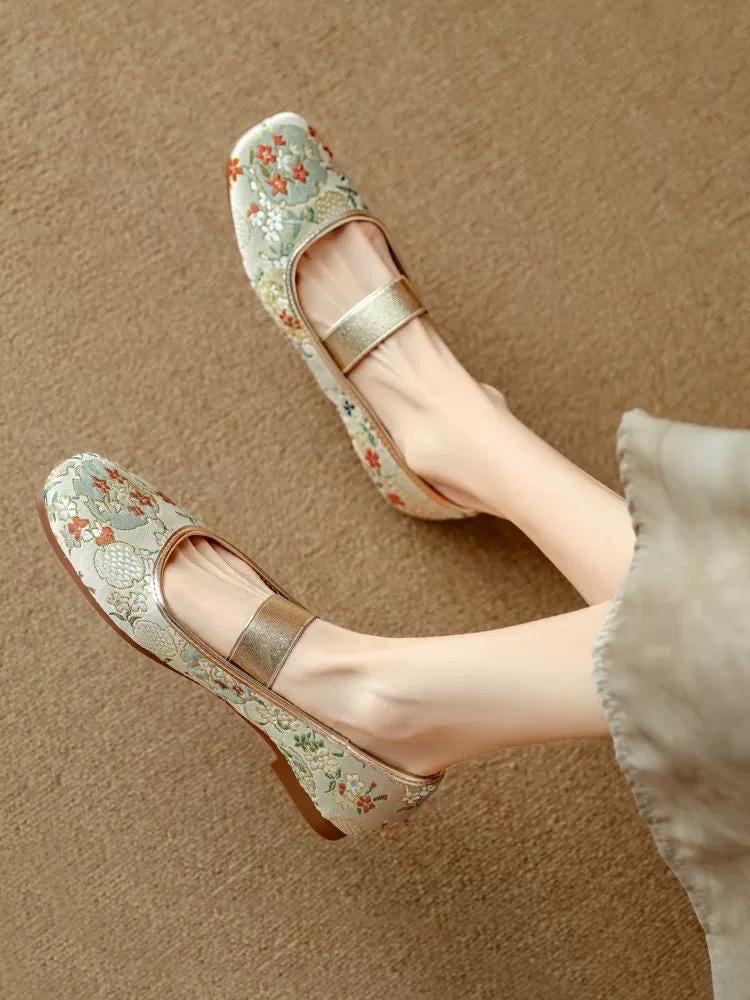 Oriental Embroidered Flats – Brocade Mary Jane Style Slippers, Mules for Women