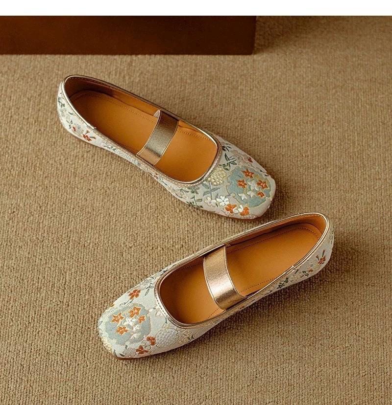 Oriental Embroidered Flats – Brocade Mary Jane Style Slippers, Mules for Women