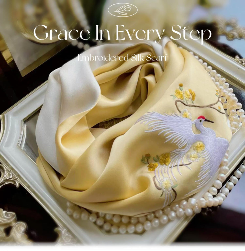 Hand-Embroidered Silk Scarf: Crane Motif, Su Embroidery, Oriental Gift