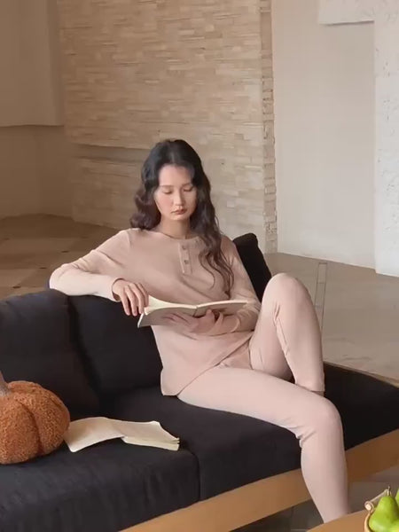 Infant Grade Cotton Thermal Pajama Base Layer  | Soft Ribbed Loungewear Set  | Breathable Warm Sleepwear in Rose Pink & Almond Beige