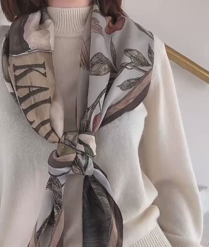 Mulberry Silk Scarf: Rhinoceros Lark Print, Hand-Rolled Twill