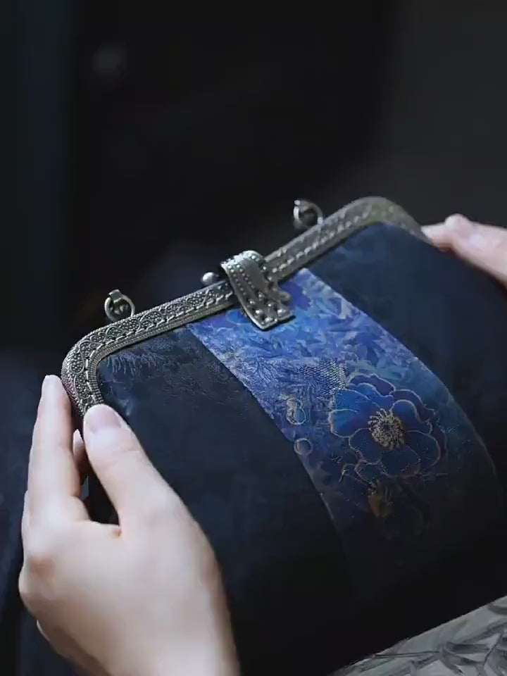 Premium Pure Silk Evening Clutch Bag in Blue and Black|Handmade Oriental Heritage Handbag with Vintage Brass Frame| Shoulder Crossbody Purse