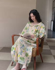 Bamboo Cotton Pajama Set | Green Tone Watercolour Floral Nightdress | Ruffle Collar Button Front | Oversized Style Loungewear