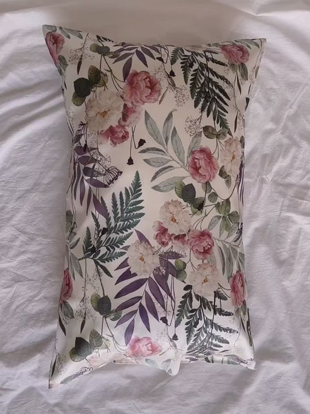 100% Mulberry Silk Pillowcase Peony Pattern White Silk Pillowcase Anti-Aging Beauty Sleep Pillowcase for Hair and Skin Care Silk Beddings