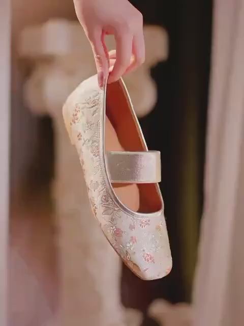Oriental Embroidered Flats – Brocade Mary Jane Style Slippers, Mules for Women