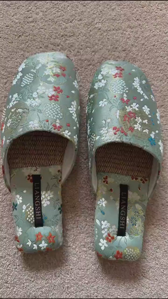 Breathable Mesh Embroidered Slippers – Lightweight House Shoes with Oriental Floral Design Indoor Slippers for Women, Kimono Robe Shoes