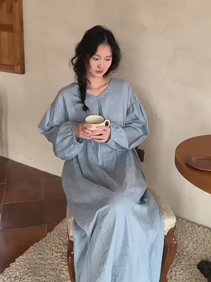 Embroidered Cotton Gauze Robe Dress: Breathable Linen-Feel Kaftan Loungewear