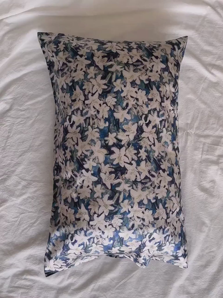 100% Silk Pillowcase Blue & WhiteOriental Lily for Luxury Silk Bedding Luxury Gift for Housewarming Gift for Wife Birthday Gift for her