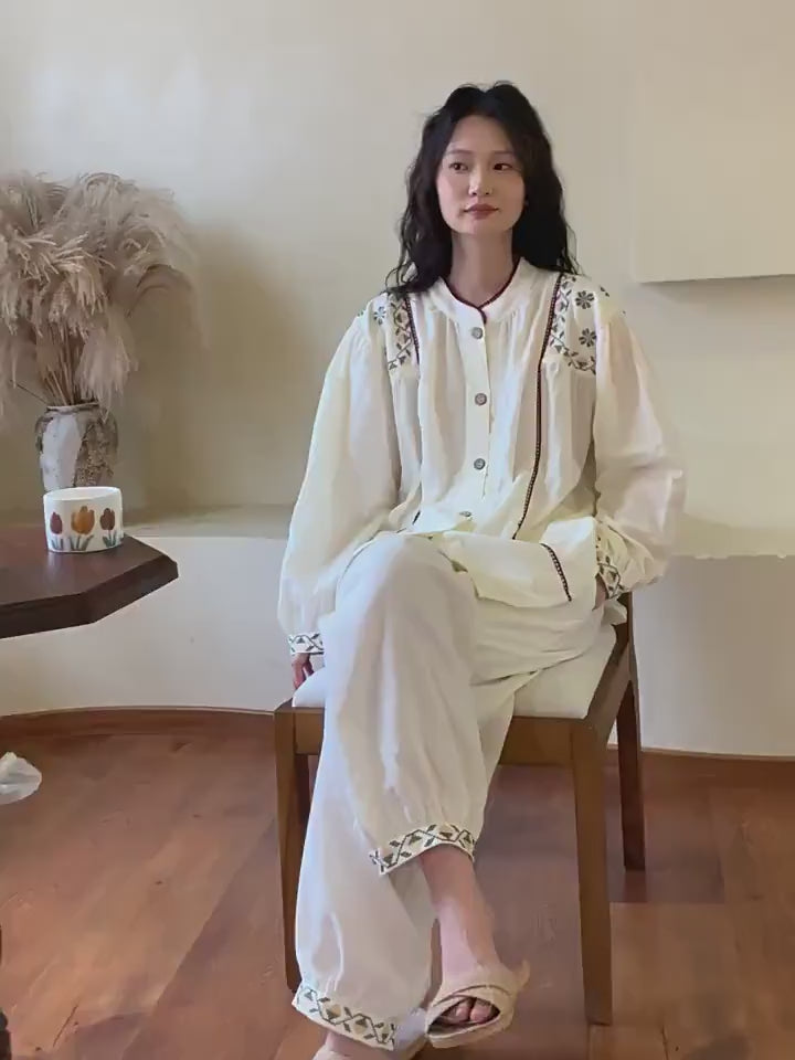 Gauze Cotton Embroidered Loungewear Set for Women – Vintage-Inspired Two-Piece Homewear | Soft Natural Fibre Pyjamas with Hand Detail