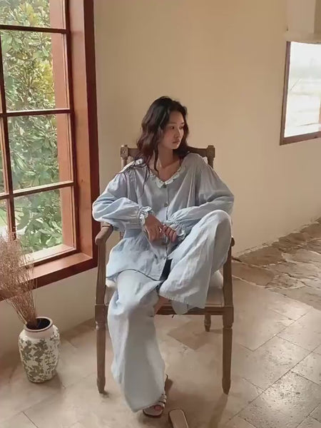 Sky Blue Women Pyjamas Organic Gauze Cotton Lightweight Soft Sleepwear Casual Loungewear Set with Embroidery or Ruffle Top Soft Summer PJs