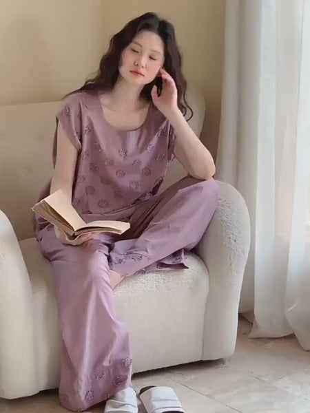 Embroidered Bamboo Cotton Pajama Set: Dusty Purple Cottagecore Lounge