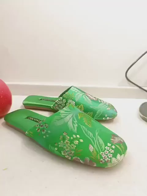 Embroidered Satin Slippers: Chinese Dragon Floral House Shoes