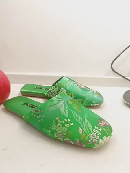 Embroidered Satin Slippers: Chinese Dragon Floral House Shoes