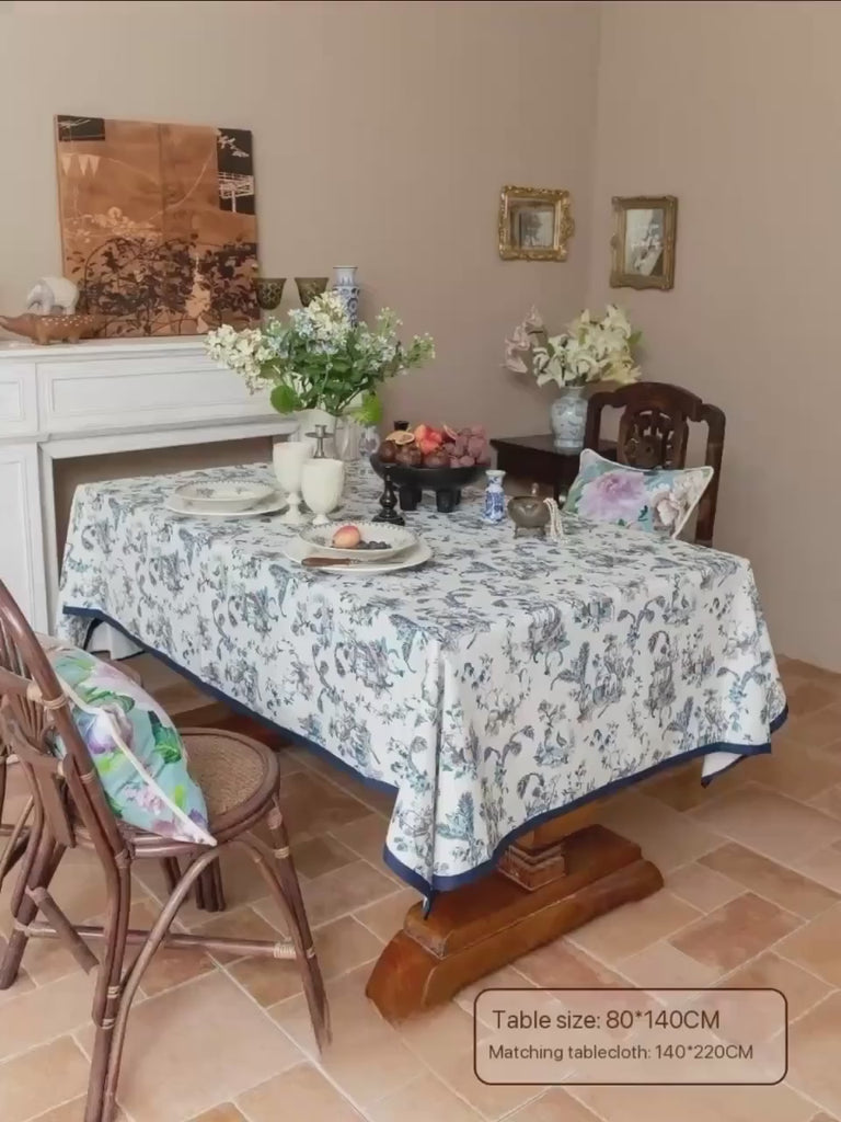 Blue and White Chinoiserie Tablecloth, Chinese Painting Table Cover with Birds & Pagoda Scene, Washable Linen for Holiday Dinner Party Décor