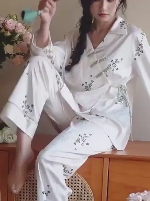 Silk Blend Japanese Kimono Wrap Pyjama Set | Oriental Floral Sleepwear | Frog Button Loungewear | Elegant Christmas Gift for Women