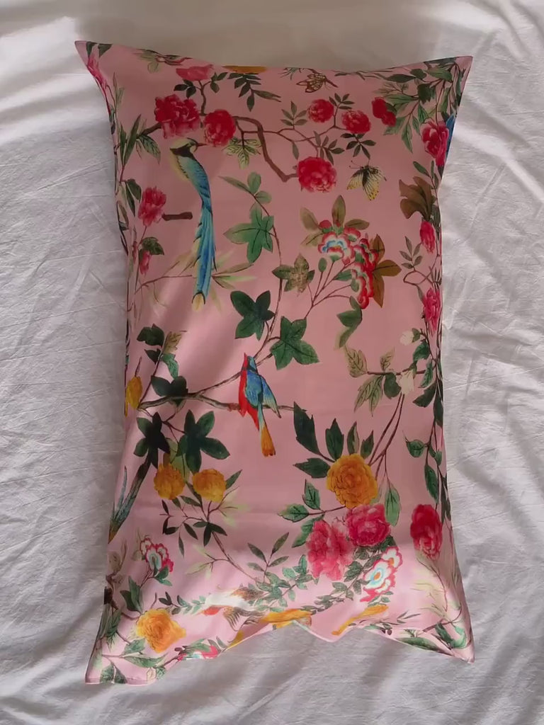 Mulberry Silk Pillowcase: Oriental Bird Floral Design, 22 Momme Silk Bedding