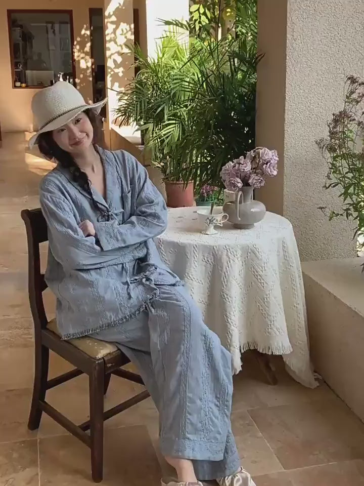 Gauze Cotton Loungewear Set: Breathable Linen-Look Pajamas