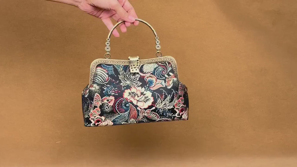 Handmade Song Brocade Silk Handbag “Jinsha Feidie” | Oriental Evening Bag with Vintage Brass Frame | Crossbody Heritage Purse for Women