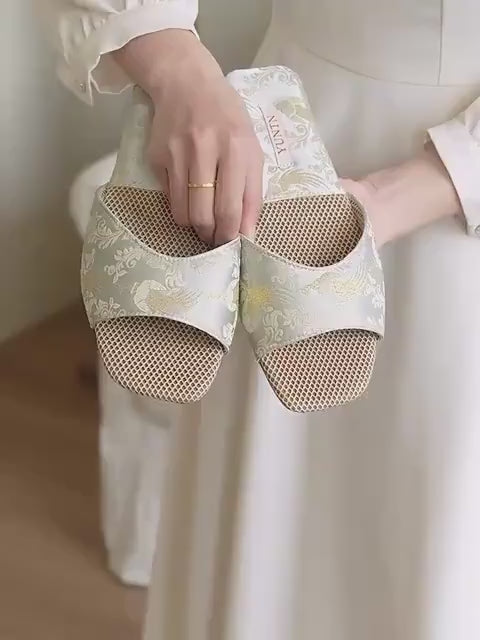 Oriental Satin Embroidered Slippers for Women Year-Round Anti-Slip House Shoes with Air Cushion Sole Elegant Silk Brocade Indoor Footwear