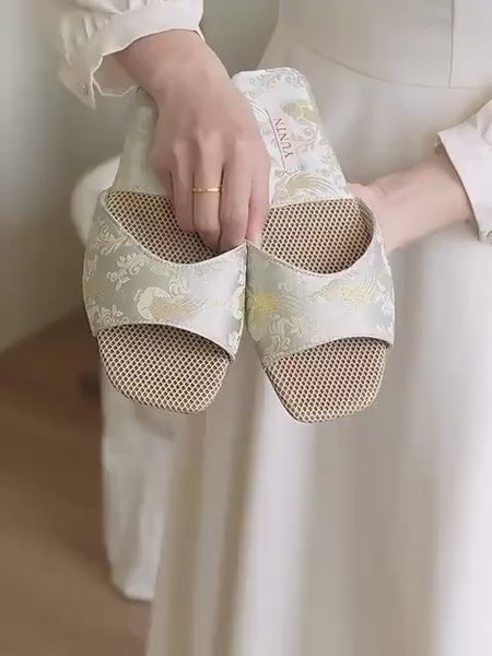 Oriental Satin Embroidered Slippers for Women Year-Round Anti-Slip House Shoes with Air Cushion Sole Elegant Silk Brocade Indoor Footwear